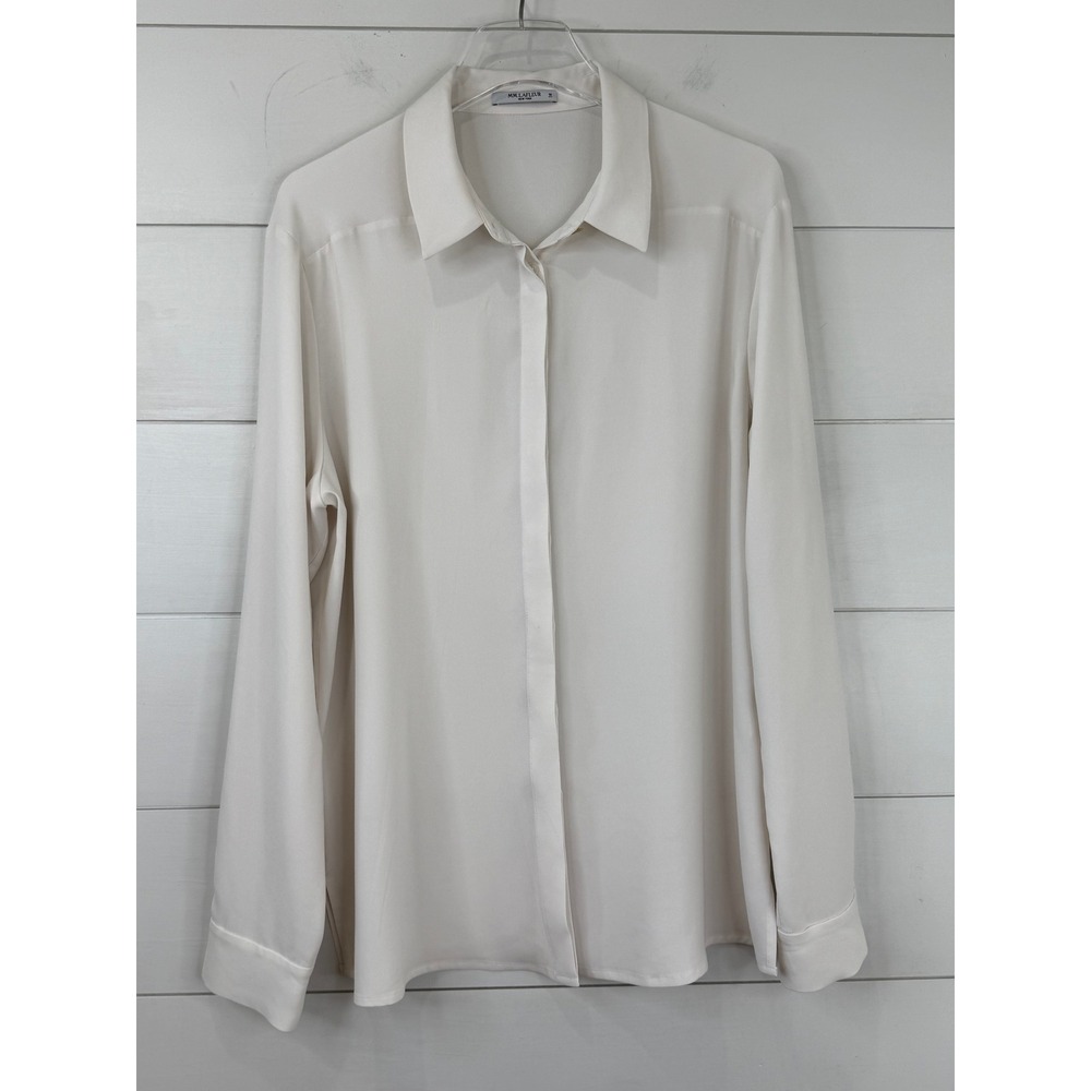 MM.LaFleur Lagarde Crepe Blouse Triacetate Relaxed Gold Cufflink Ivory Cream 14 - Picture 2 of 10